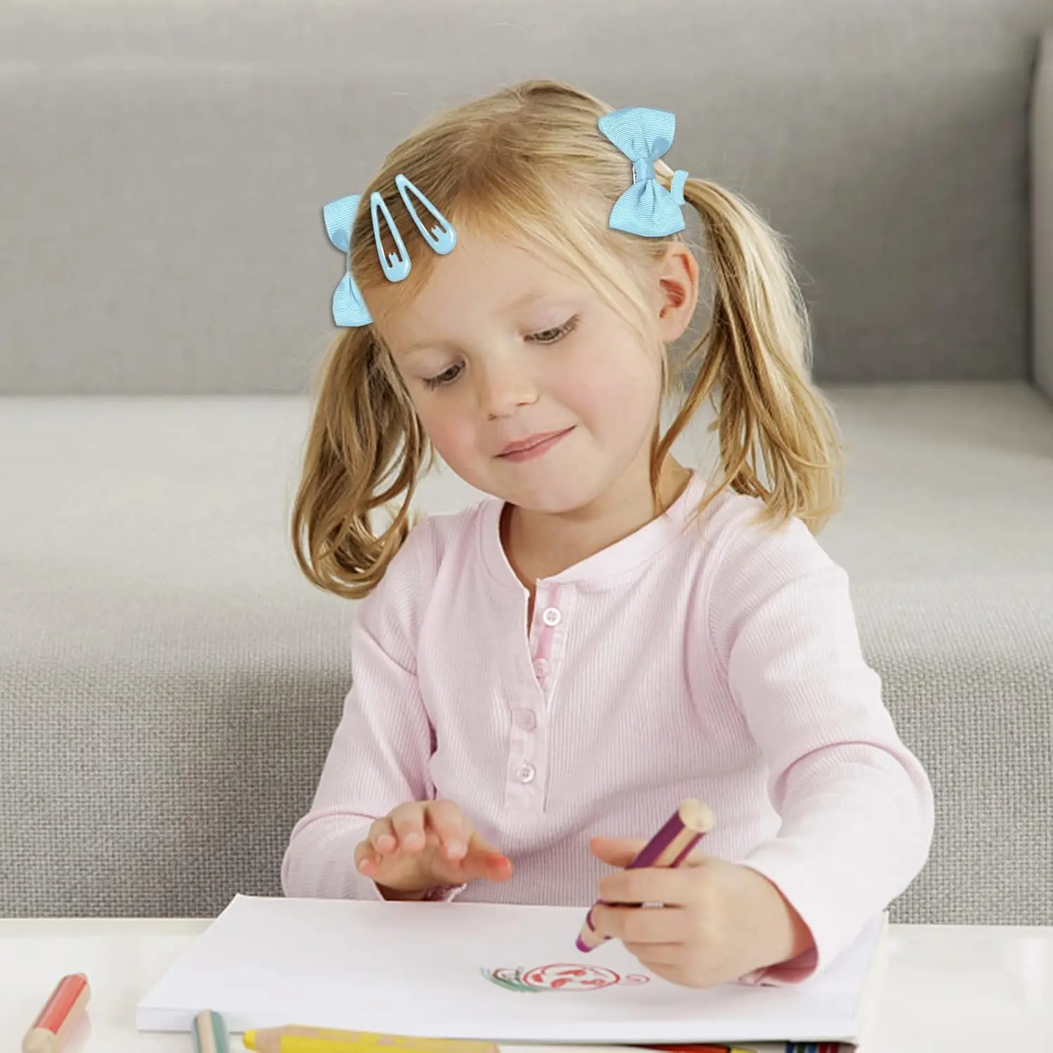This bow hair accessories set includes a headband, hair tie, various hair clips, and rubber bands in sky blue, perfect for styling girls' hair.