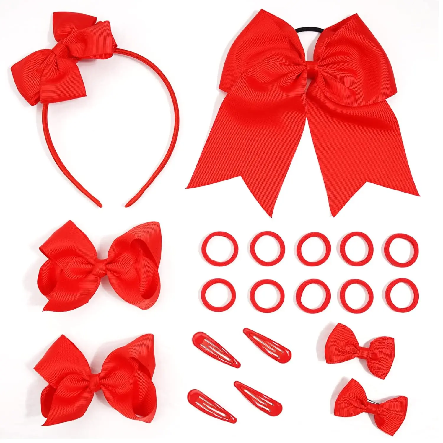 This bow hair accessories set includes a headband, hair tie, various hair clips, and rubber bands in sky blue, perfect for styling girls' hair.