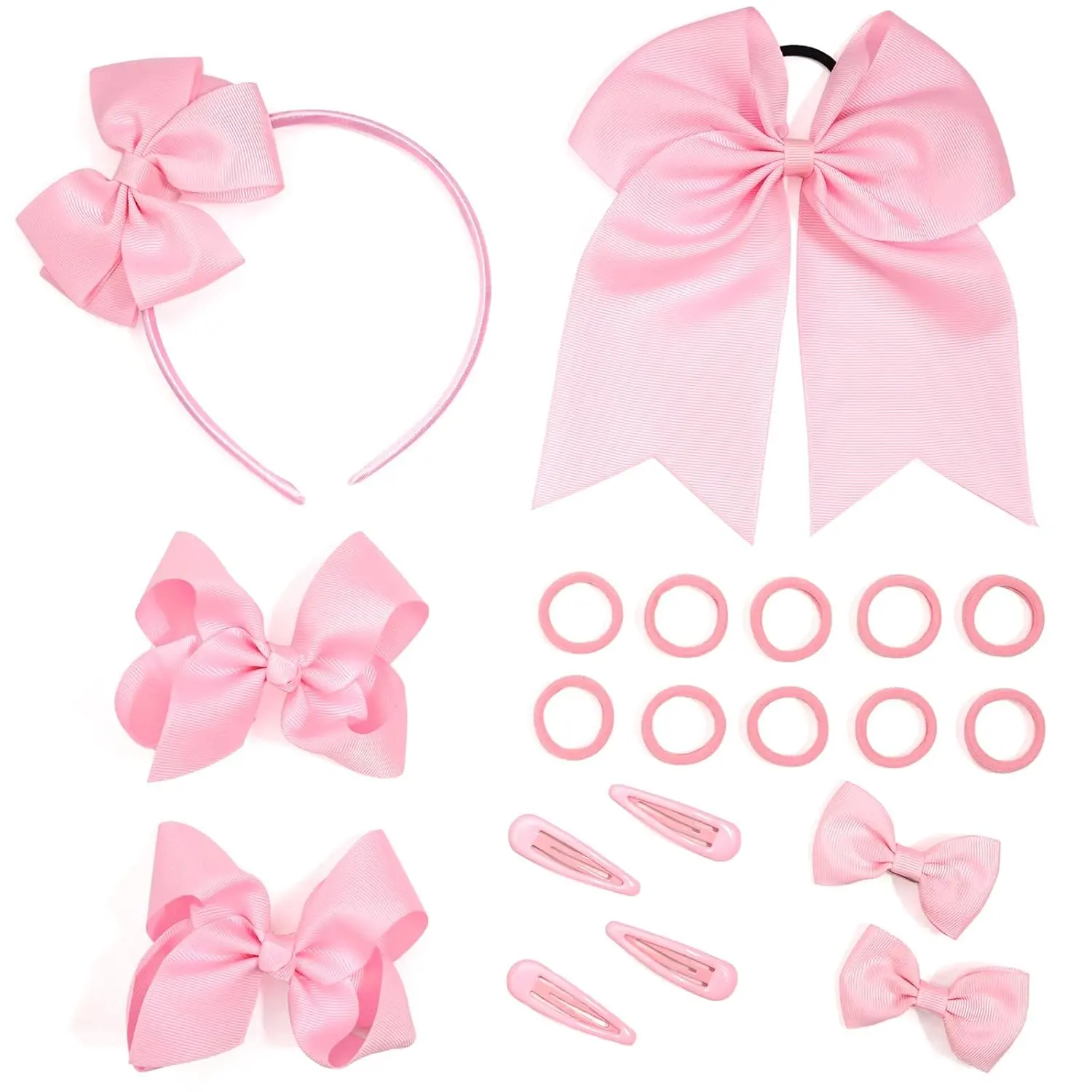 This bow hair accessories set includes a headband, hair tie, various hair clips, and rubber bands in sky blue, perfect for styling girls' hair.