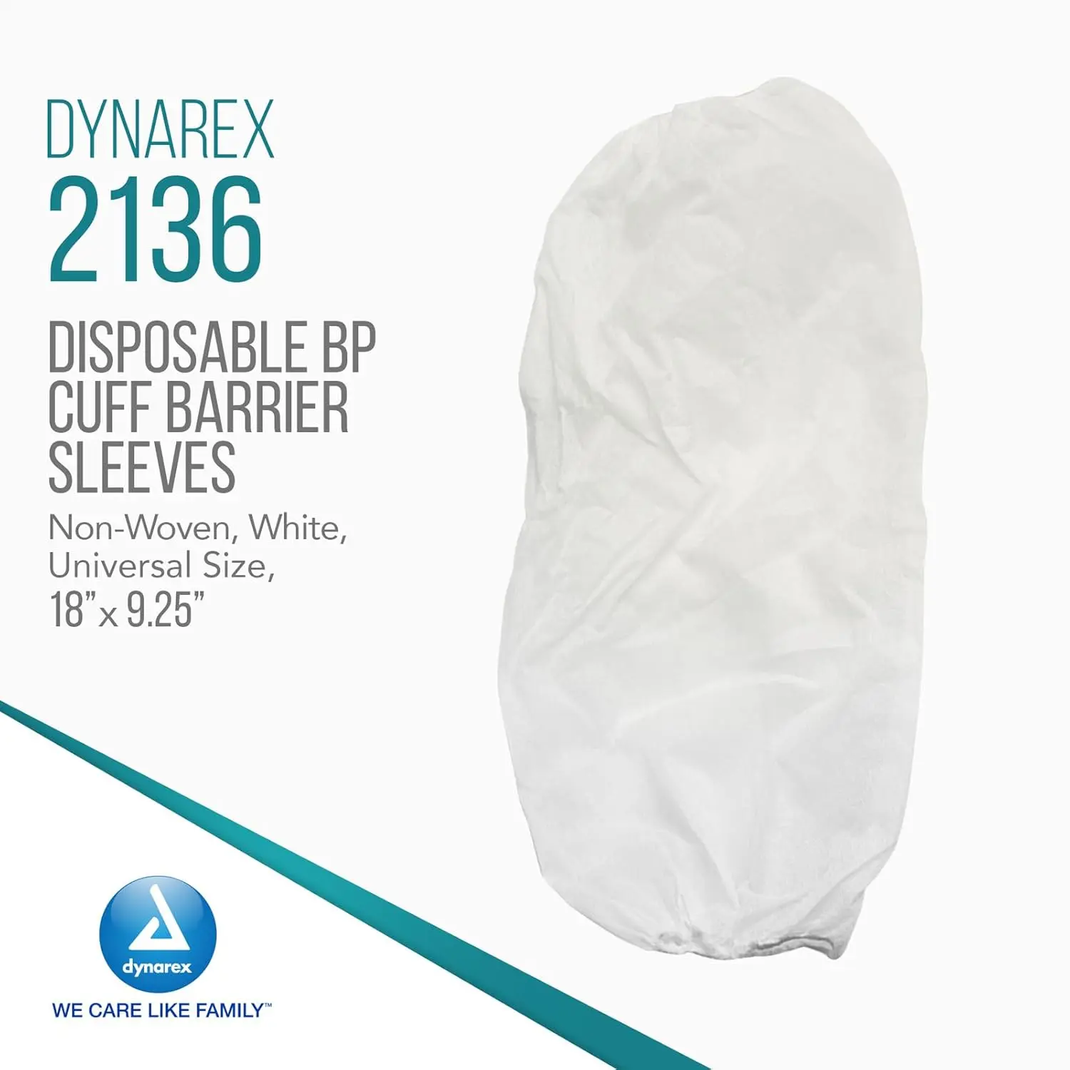 Dynarex non-woven blood pressure cuff barrier sleeves in universal size, designed for fast and easy application to reduce the risk of nosocomial infections.