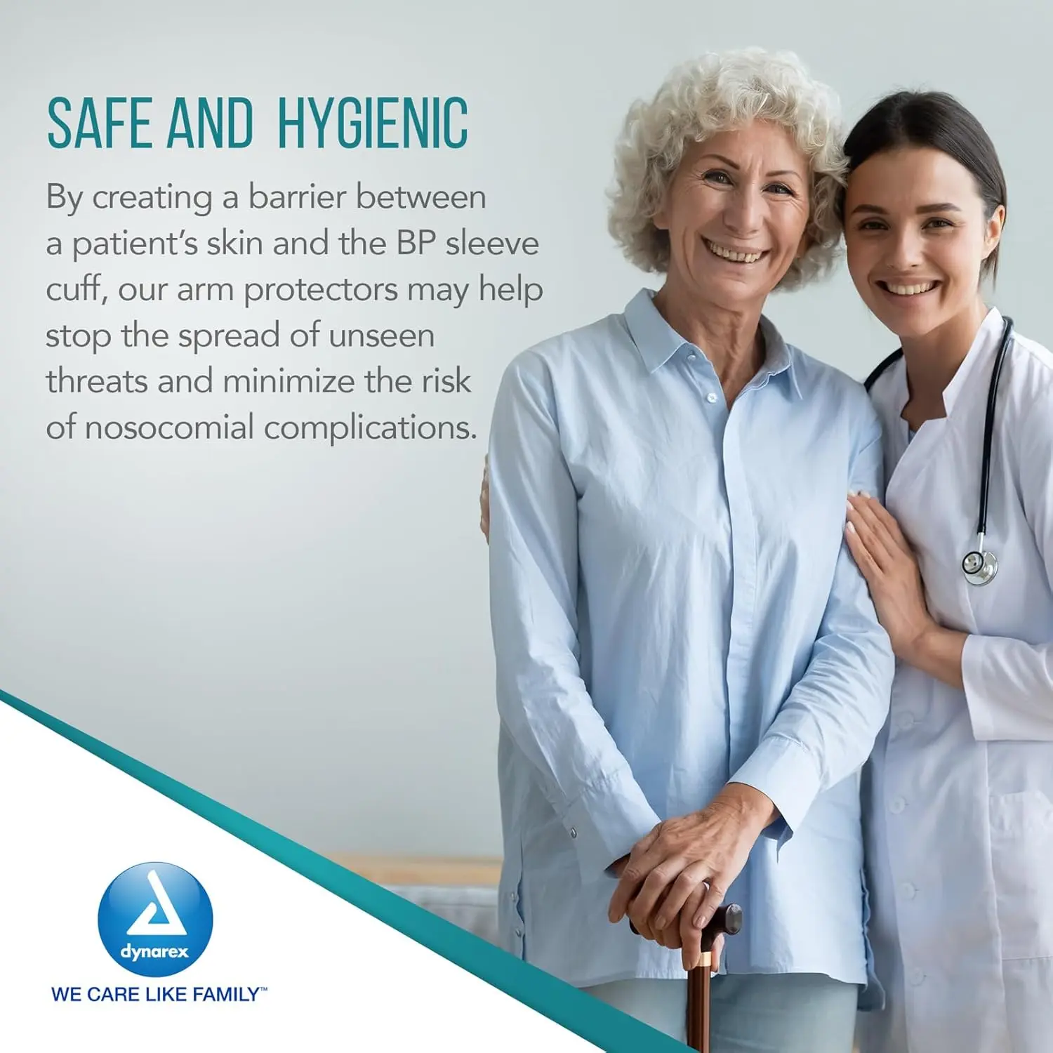 Dynarex non-woven blood pressure cuff barrier sleeves in universal size, designed for fast and easy application to reduce the risk of nosocomial infections.