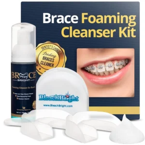 BraceBright braces whitening foam cleans under brackets and wires, fights cavities and plaque, and is safe for metal, clear, or ceramic braces with no sensitivity.