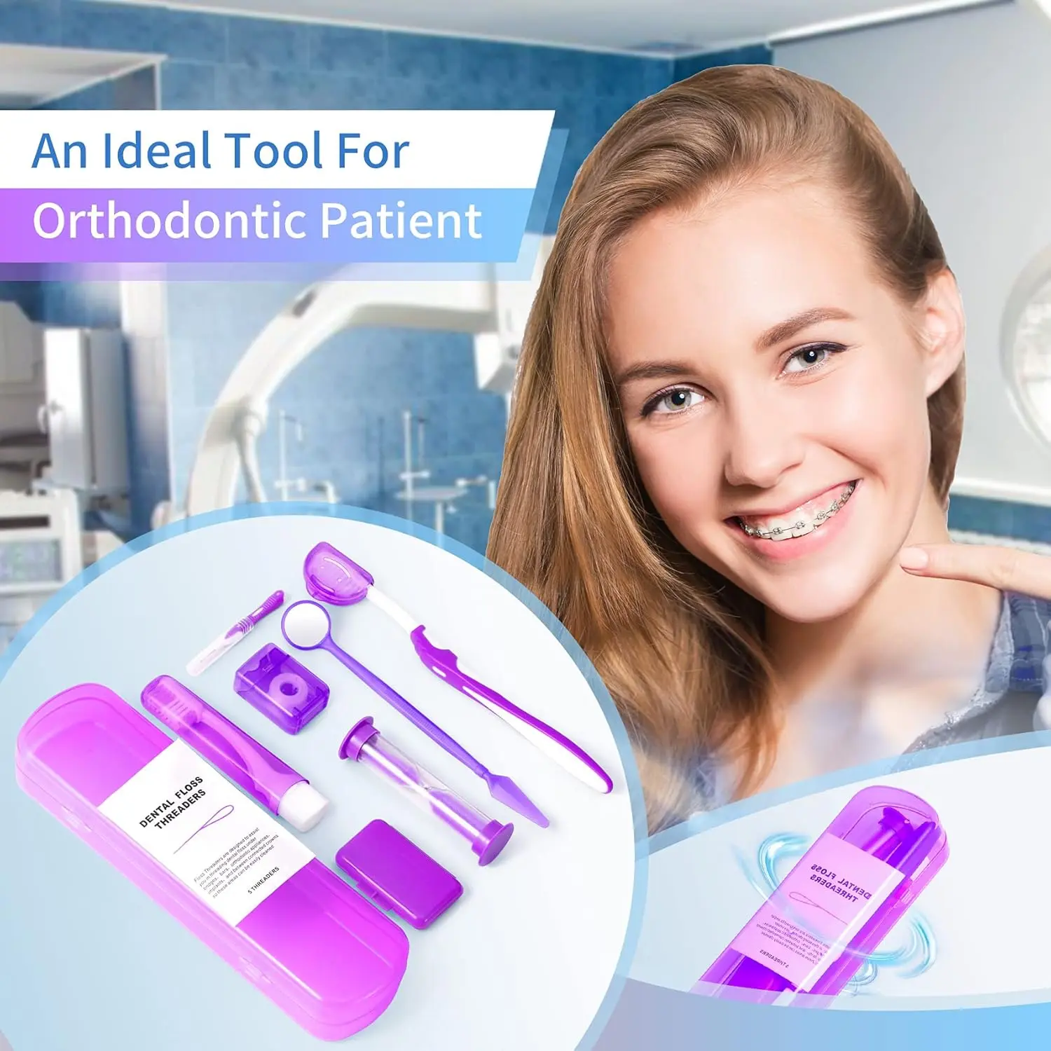 This purple orthodontic braces kit includes a toothbrush, floss, interdental brush, ortho wax, oral mirror and other tools for cleaning teeth with braces while at home or traveling.