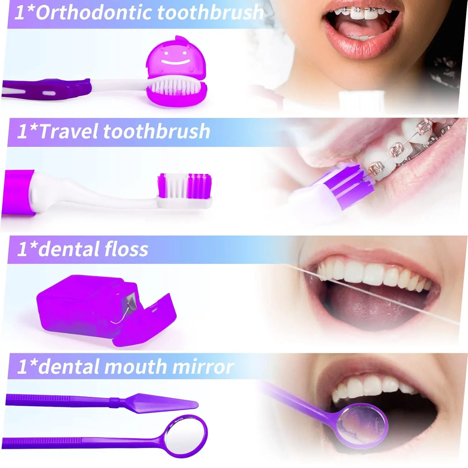 This purple orthodontic braces kit includes a toothbrush, floss, interdental brush, ortho wax, oral mirror and other tools for cleaning teeth with braces while at home or traveling.