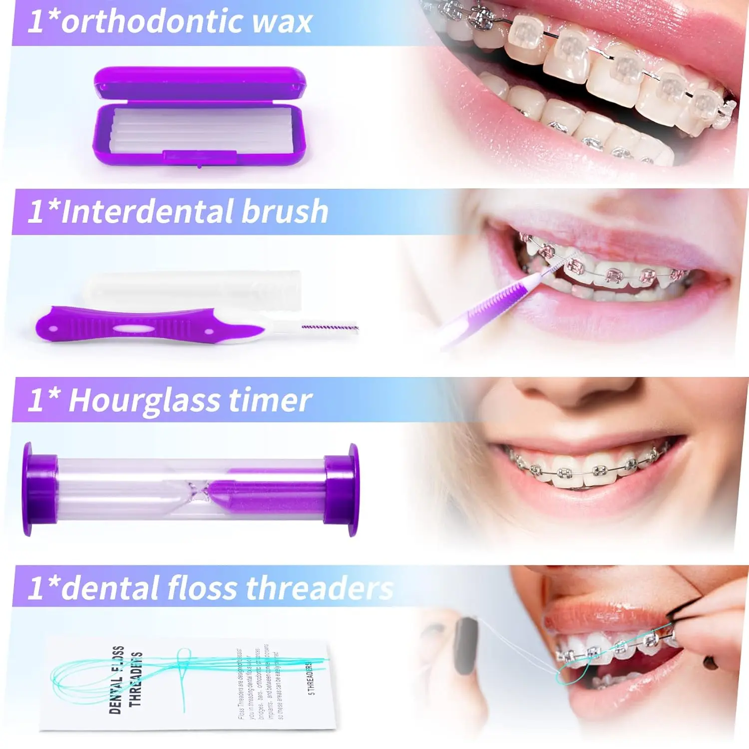 This purple orthodontic braces kit includes a toothbrush, floss, interdental brush, ortho wax, oral mirror and other tools for cleaning teeth with braces while at home or traveling.