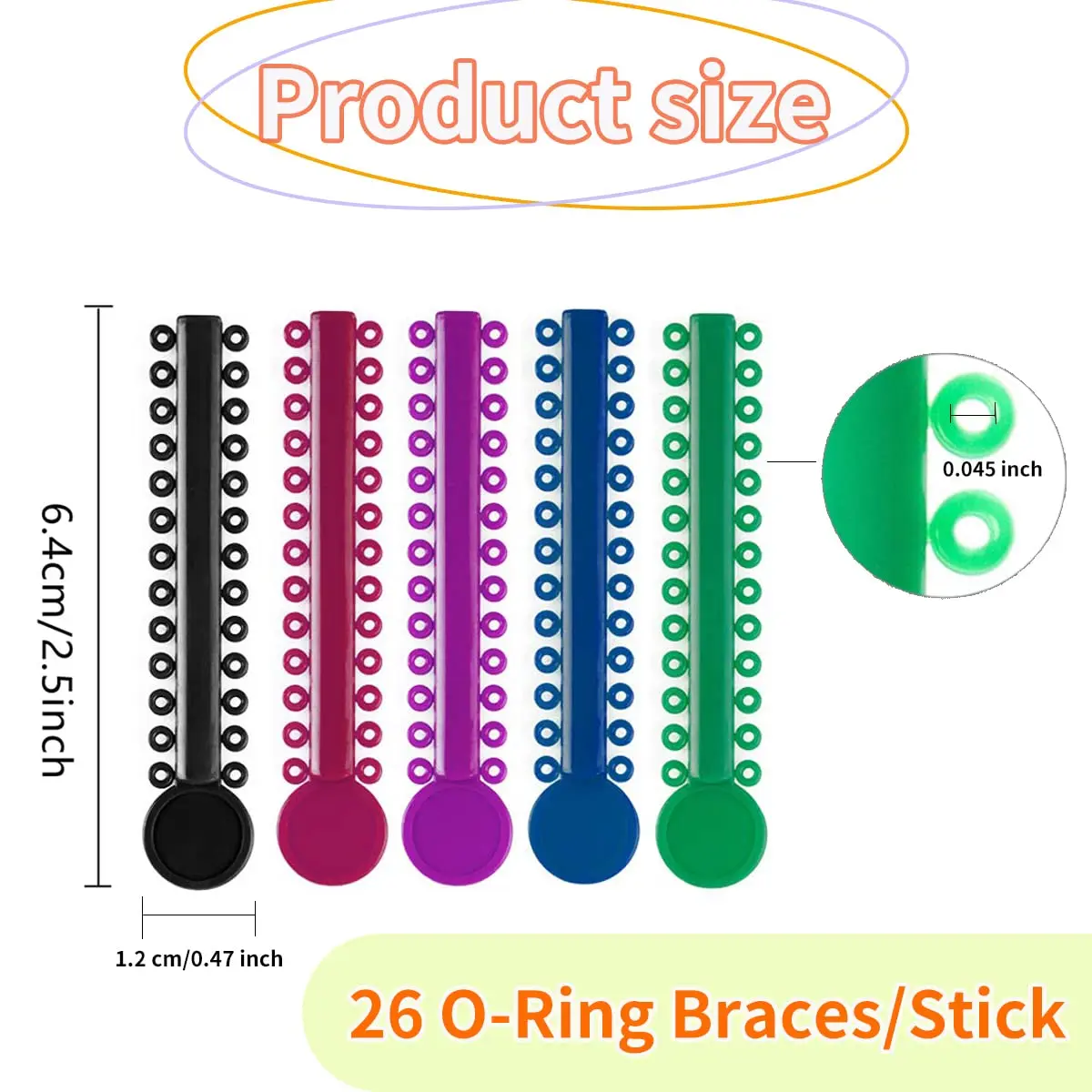 Multicolored orthodontic ligature ties and O-rings elastic bands for braces, made of hypoallergenic material with good elasticity, used for dental orthodontic treatment.