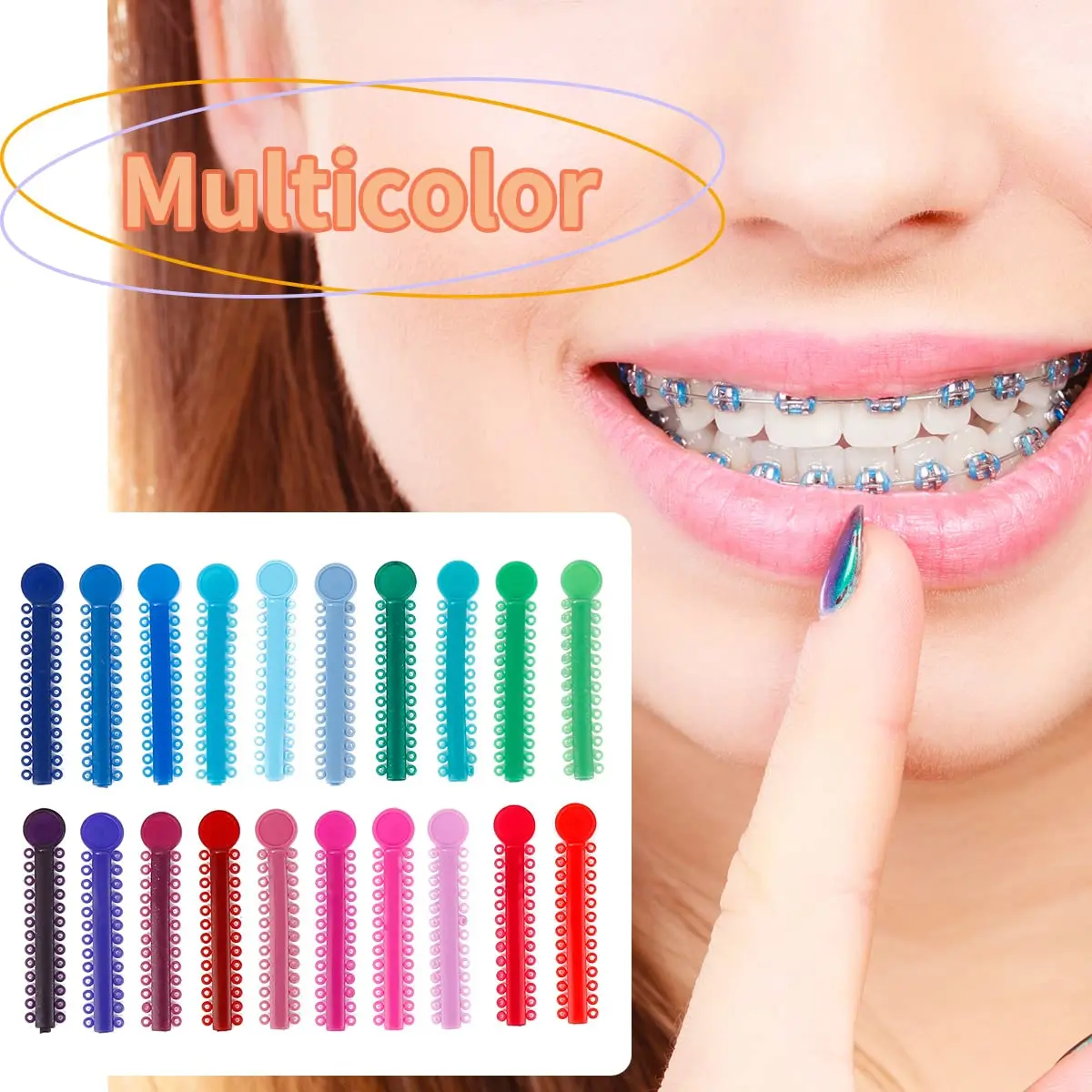 Multicolored orthodontic ligature ties and O-rings elastic bands for braces, made of hypoallergenic material with good elasticity, used for dental orthodontic treatment.