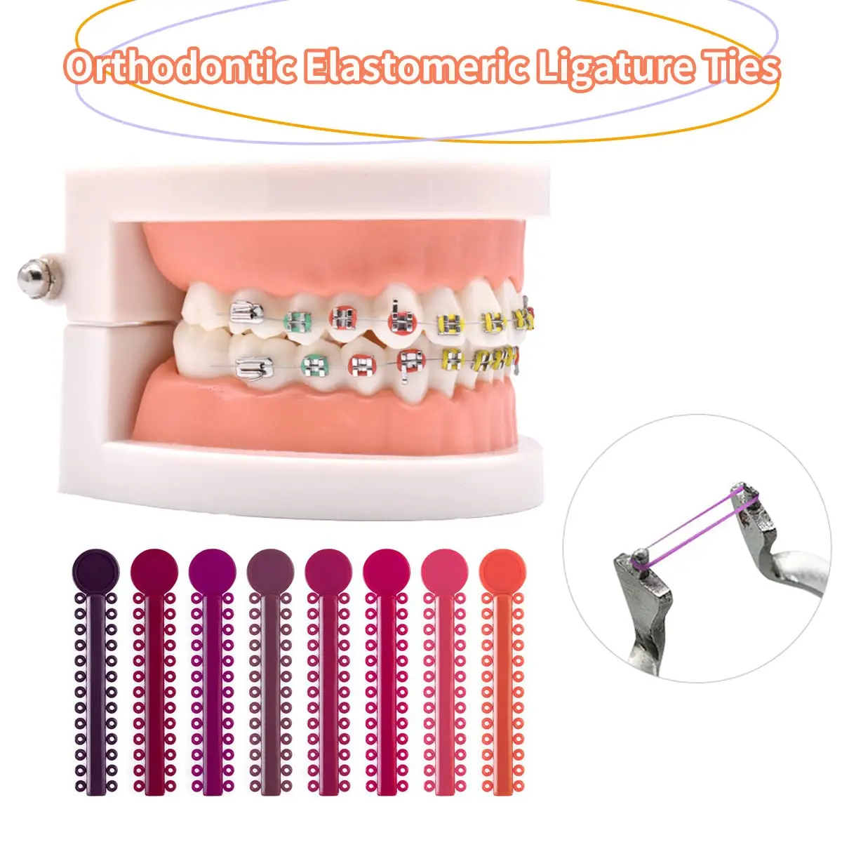 Multicolored orthodontic ligature ties and O-rings elastic bands for braces, made of hypoallergenic material with good elasticity, used for dental orthodontic treatment.