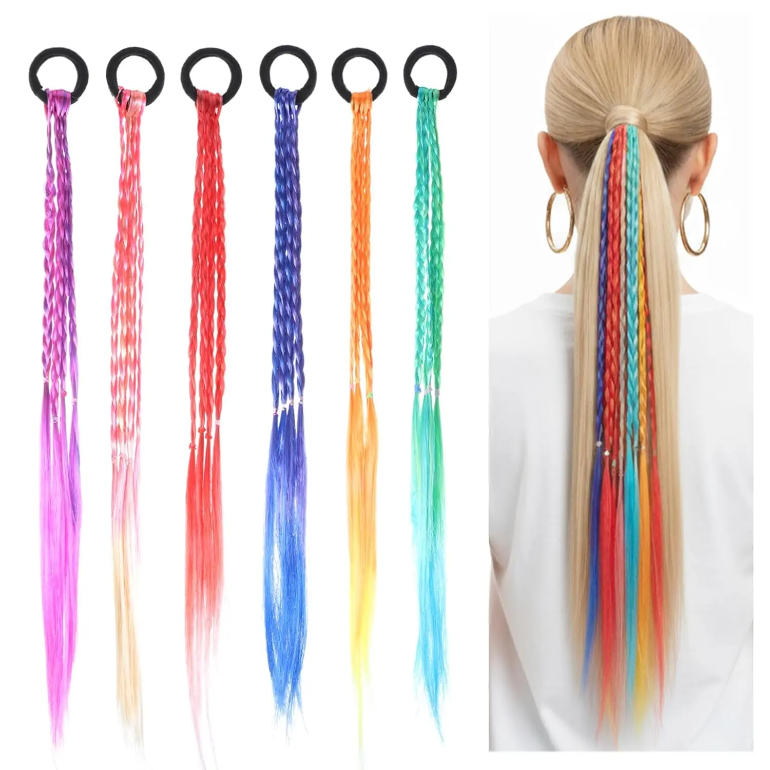 This image shows a pack of six colorful braided hair extensions with elastic bands, perfect for adding a pop of color to hairstyles for girls and women at parties or for everyday wear.