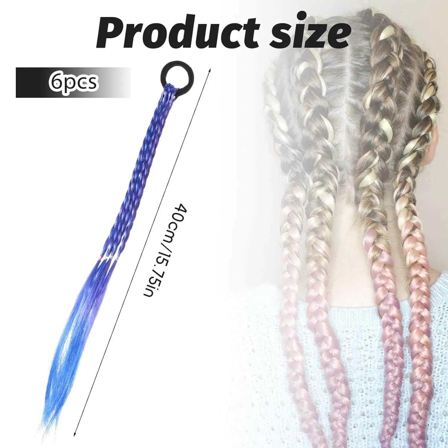 This image shows a pack of six colorful braided hair extensions with elastic bands, perfect for adding a pop of color to hairstyles for girls and women at parties or for everyday wear.