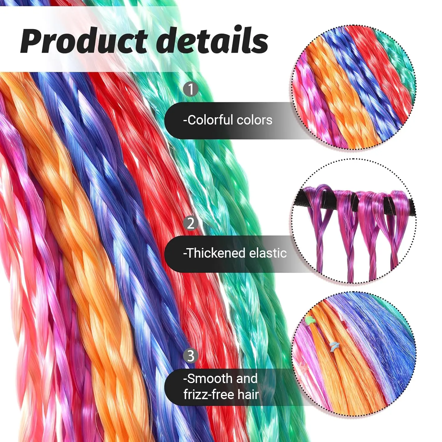 This image shows a pack of six colorful braided hair extensions with elastic bands, perfect for adding a pop of color to hairstyles for girls and women at parties or for everyday wear.