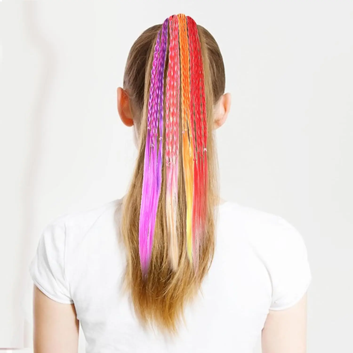 This image shows a pack of six colorful braided hair extensions with elastic bands, perfect for adding a pop of color to hairstyles for girls and women at parties or for everyday wear.