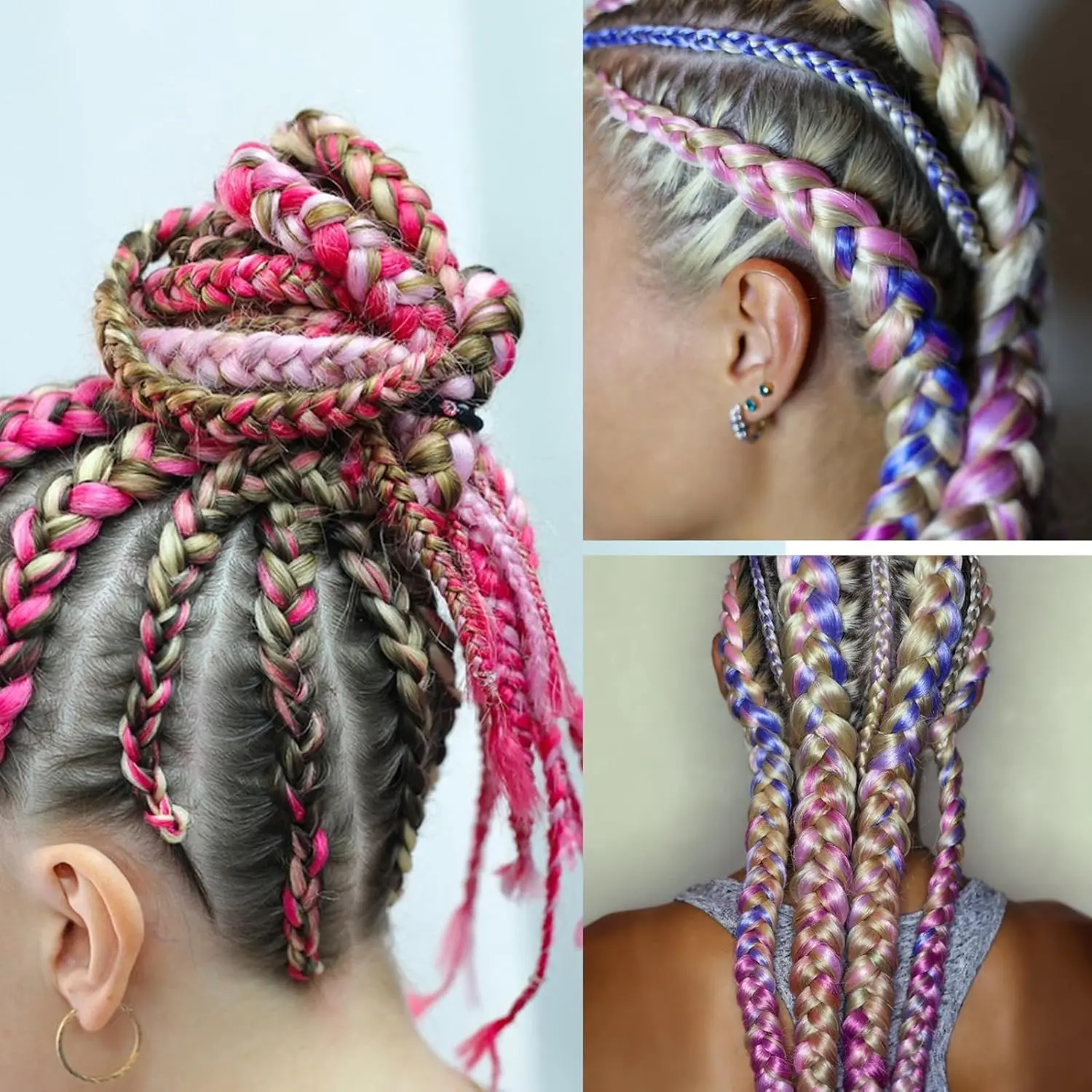 This image shows a pack of six colorful braided hair extensions with elastic bands, perfect for adding a pop of color to hairstyles for girls and women at parties or for everyday wear.