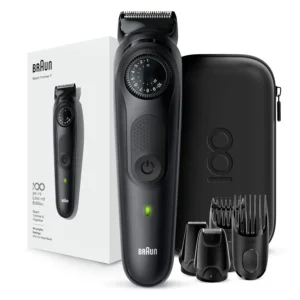 The Braun 100 Year Design Edition beard trimmer offers 39 length settings for precise beard and hair trimming with long-lasting, sharp metal blades.