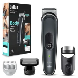 The Braun Body Groomer Series 5 provides a gentle and comfortable full-body grooming experience, minimizing nicks and cuts with SkinShield technology, offering versatile trimming options for all hair lengths.