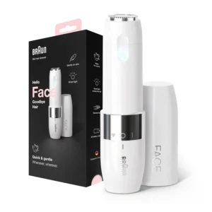 The Braun Face Mini Hair Remover provides quick and gentle facial hair removal for women, leaving skin smooth for flawless makeup application, with a built-in smartlight for precise use on tricky areas.