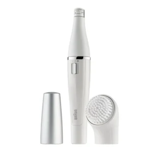 The Braun 810 facial epilator and cleansing brush removes hair 4x shorter than wax, and includes an extra AA battery for uninterrupted use.