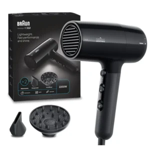 The Braun HD2.2 hair dryer in ion black, featuring 2200 watts of power, IONTEC technology for shine, and three heat modes for fast and customizable drying.