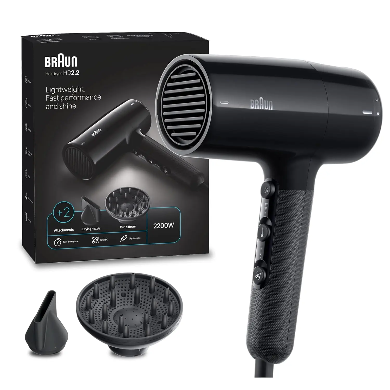 The Braun HD2.2 hair dryer in ion black, featuring 2200 watts of power, IONTEC technology for shine, and three heat modes for fast and customizable drying.