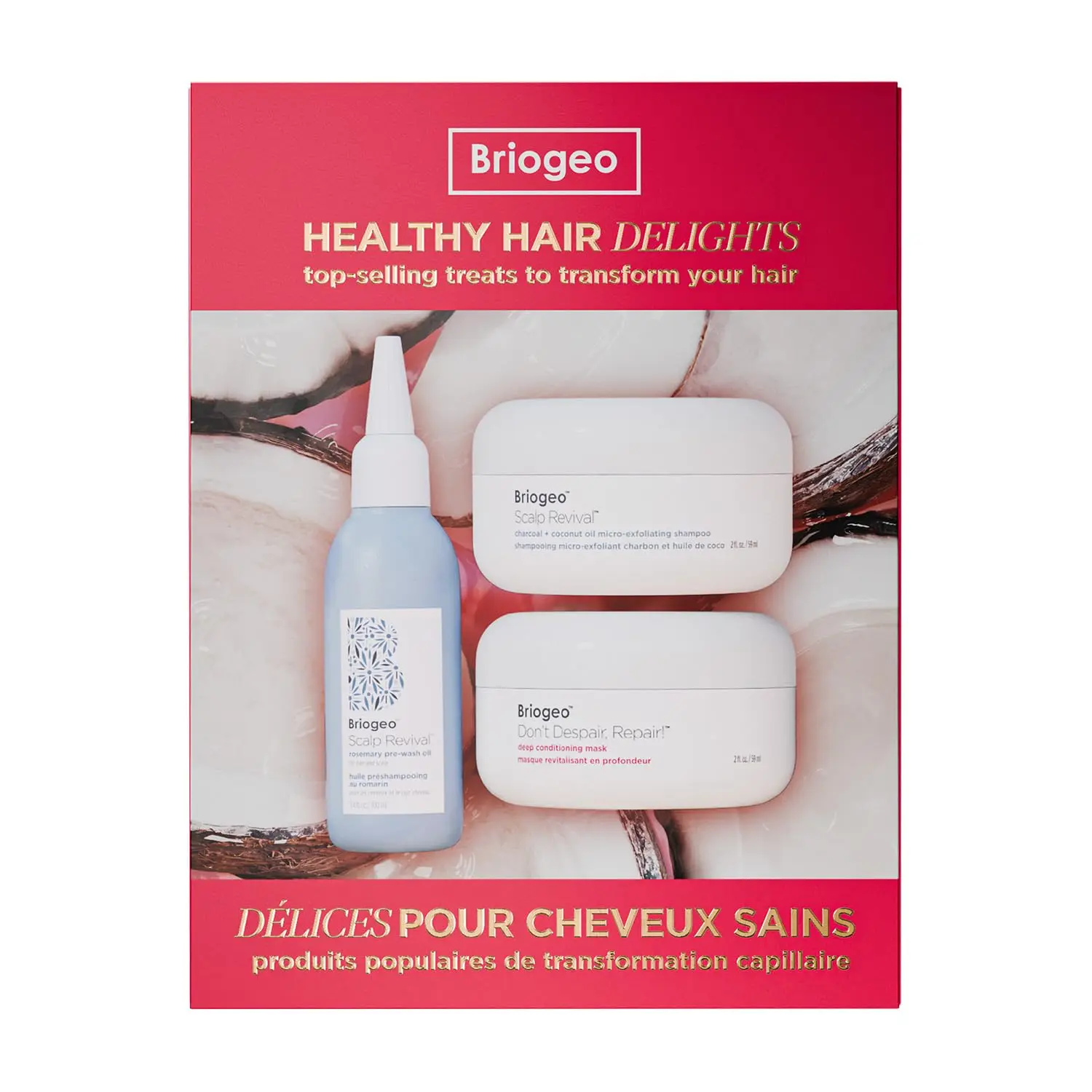 Briogeo Healthy Hair Delights Holiday Kit includes a deep conditioning hair mask, scalp scrub, and rosemary pre-wash oil for healthy hair and scalp.
