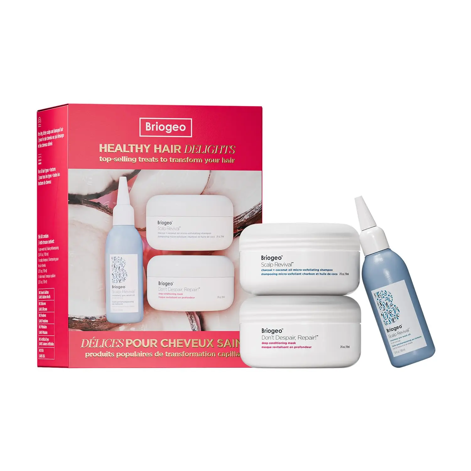 Briogeo Healthy Hair Delights Holiday Kit includes a deep conditioning hair mask, scalp scrub, and rosemary pre-wash oil for healthy hair and scalp.