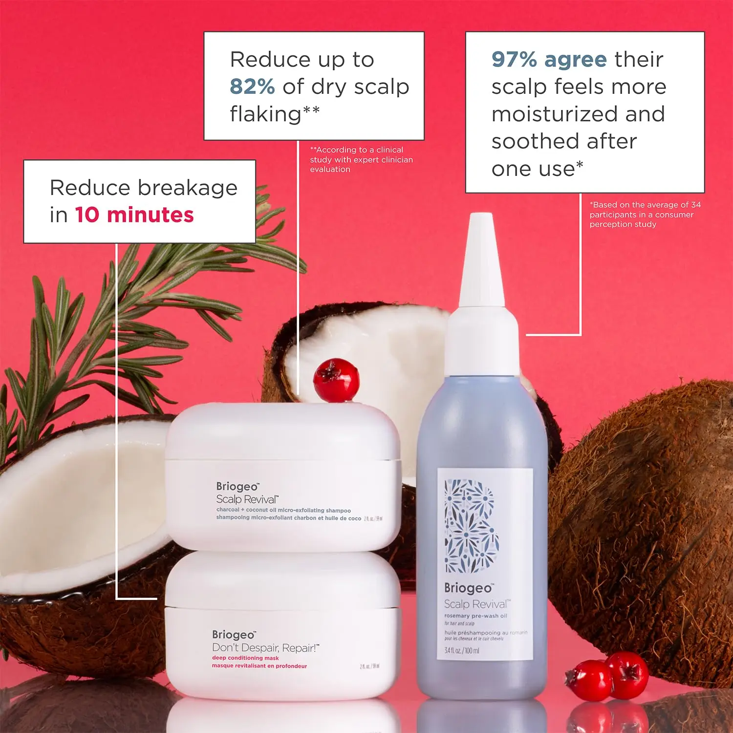 Briogeo Healthy Hair Delights Holiday Kit includes a deep conditioning hair mask, scalp scrub, and rosemary pre-wash oil for healthy hair and scalp.