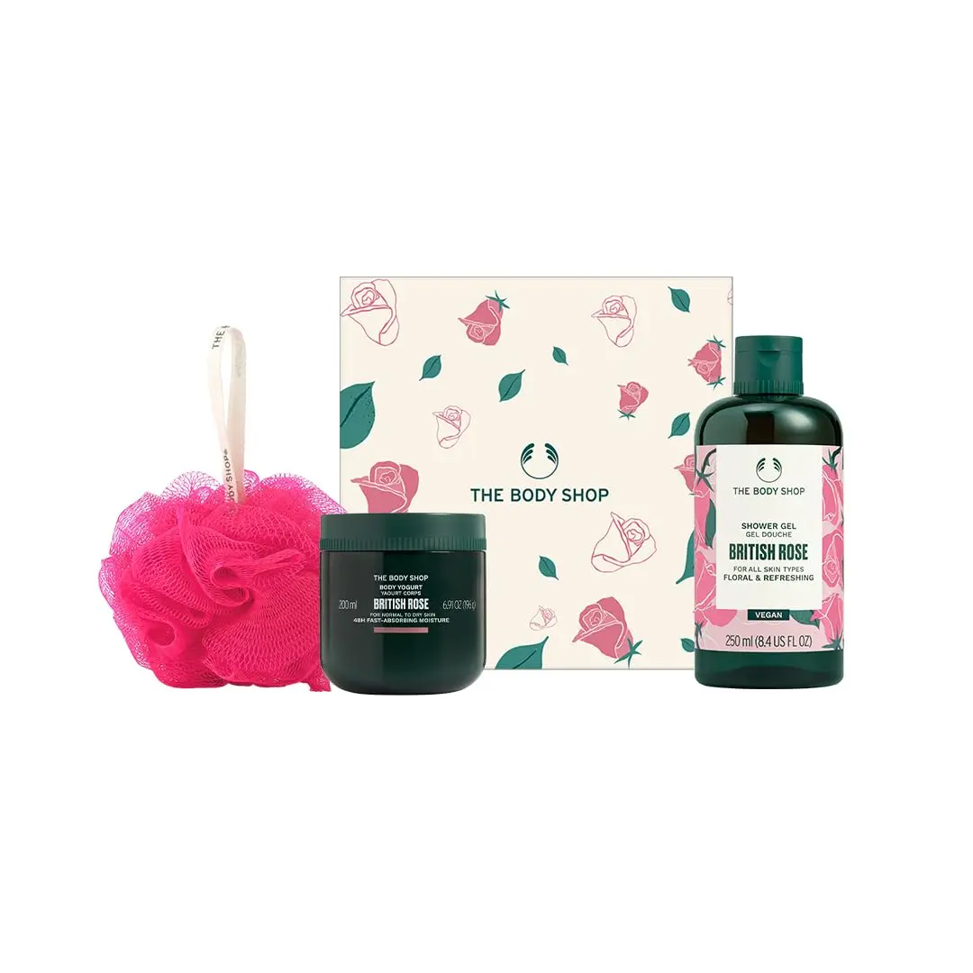 The Body Shop British Rose Bodycare Gift Set includes shower gel, body yogurt, and hand cream, perfect for treating loved ones to a luxurious and fragrant body-loving experience.