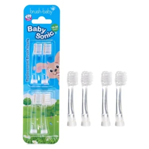 A pack of four Brush-baby BabySonic electric toothbrush replacement heads with soft bristles, suitable for toddlers aged 18-36 months, providing gentle care for sensitive gums and new teeth.