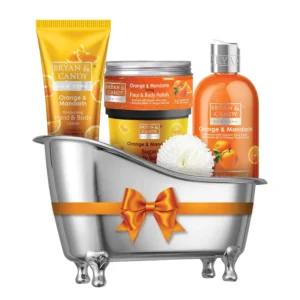 BRYAN & CANDY New York Orange and Mandarin Bath Tub Kit with shower gel, hand and body lotion, sugar scrub, and body polish offers a hygienic and safe home spa experience.