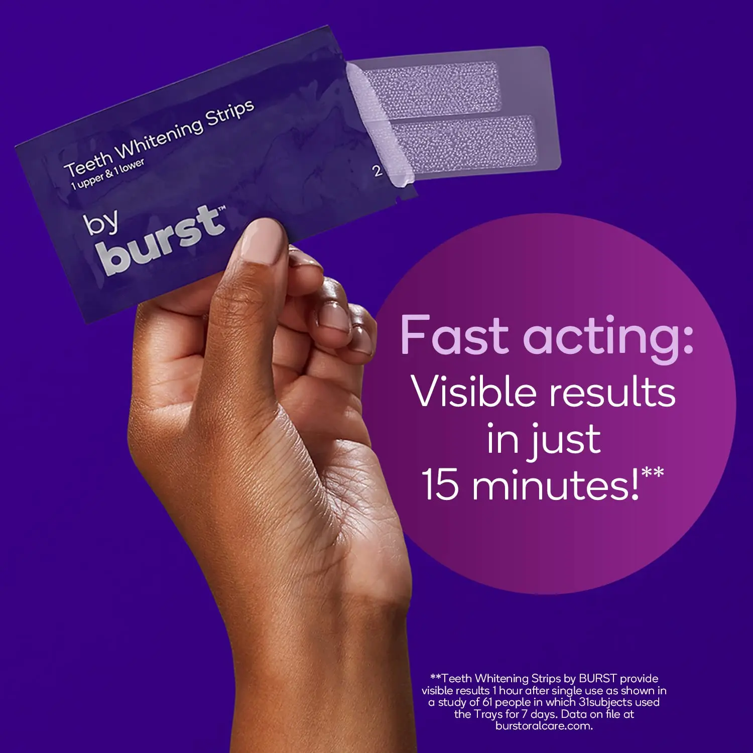 Achieve a brighter smile with Burst teeth whitening strips, formulated for sensitive teeth and delivering visible results in just 15 minutes.