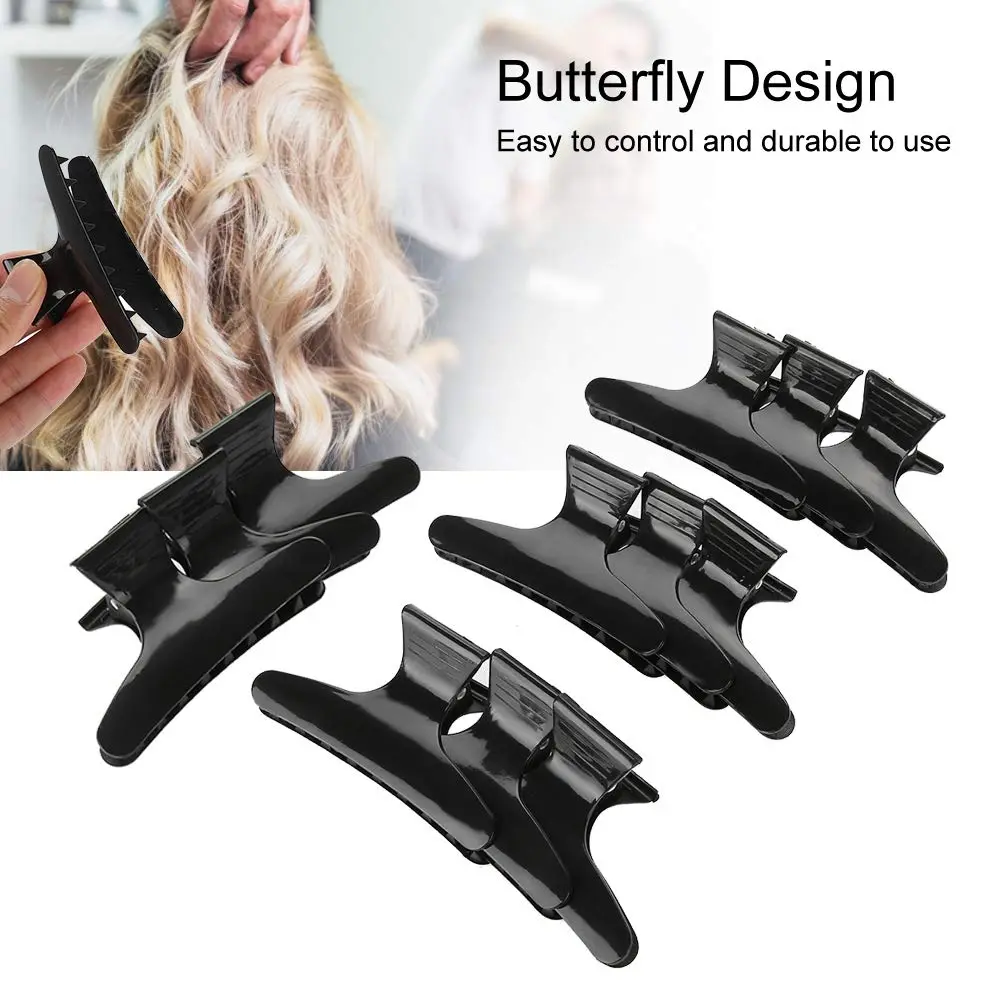 A set of 12 anti-slip butterfly hair clips is shown, designed for hairdressers and women with thick hair to section and style hair easily.