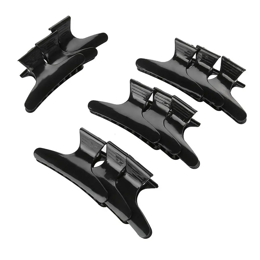 A set of 12 anti-slip butterfly hair clips is shown, designed for hairdressers and women with thick hair to section and style hair easily.