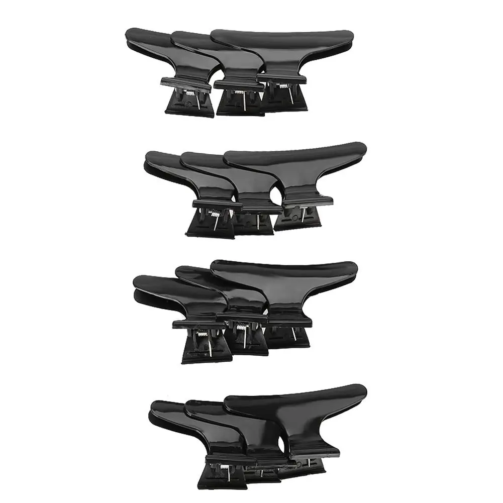 A set of 12 anti-slip butterfly hair clips is shown, designed for hairdressers and women with thick hair to section and style hair easily.