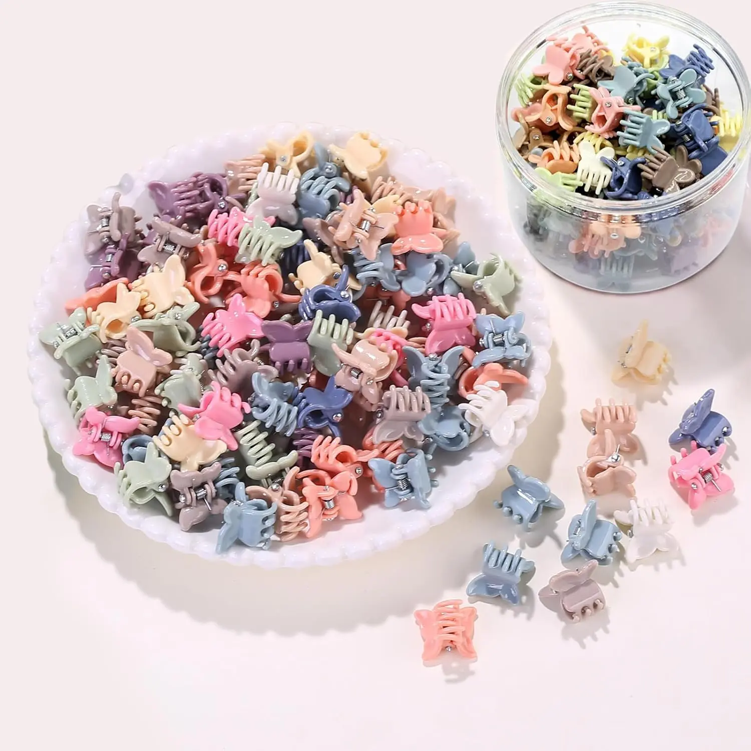 A set of 100 colorful butterfly hair clips perfect for styling baby girls', toddlers', and kids' hair, adding a fun and decorative touch for everyday wear or party styling.