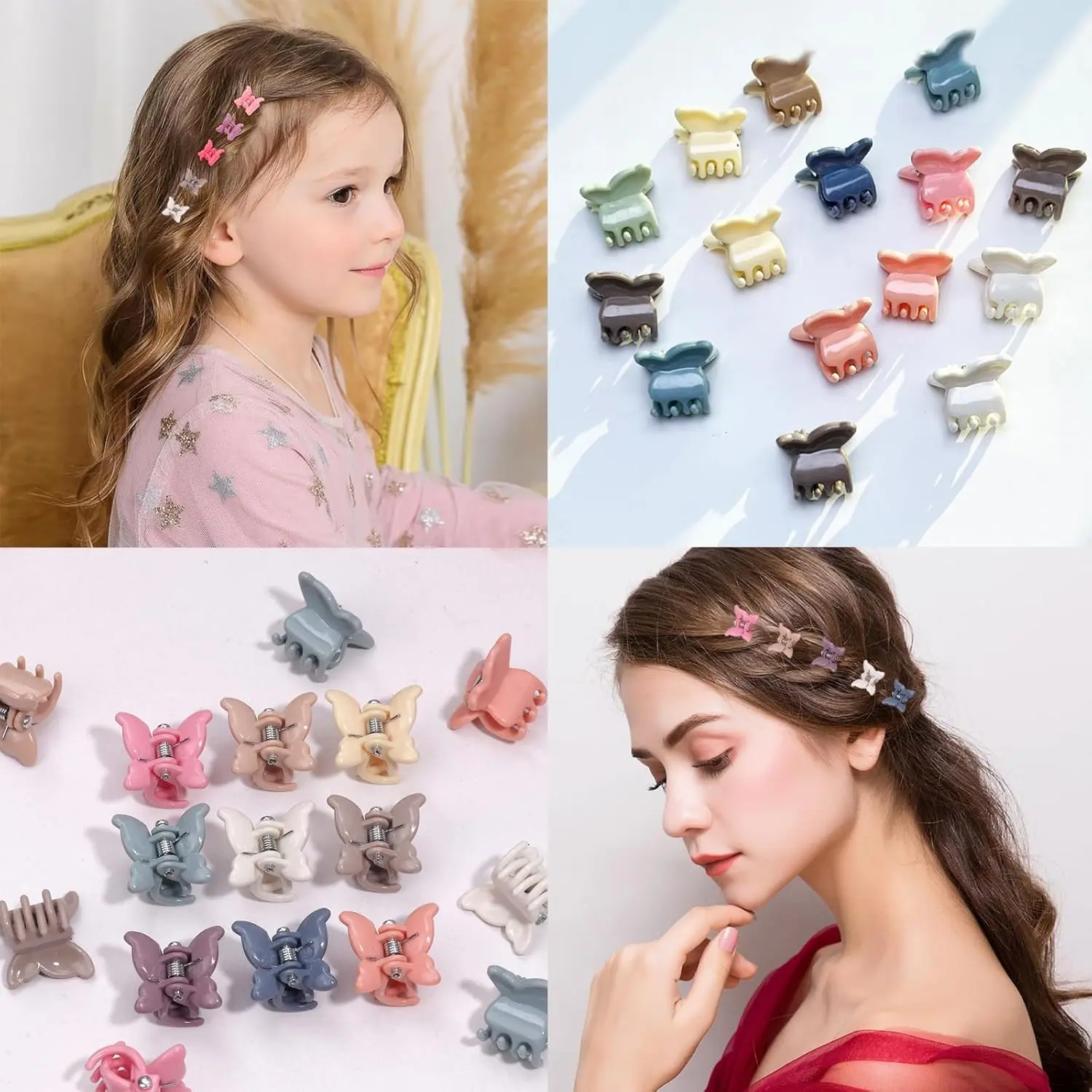 A set of 100 colorful butterfly hair clips perfect for styling baby girls', toddlers', and kids' hair, adding a fun and decorative touch for everyday wear or party styling.