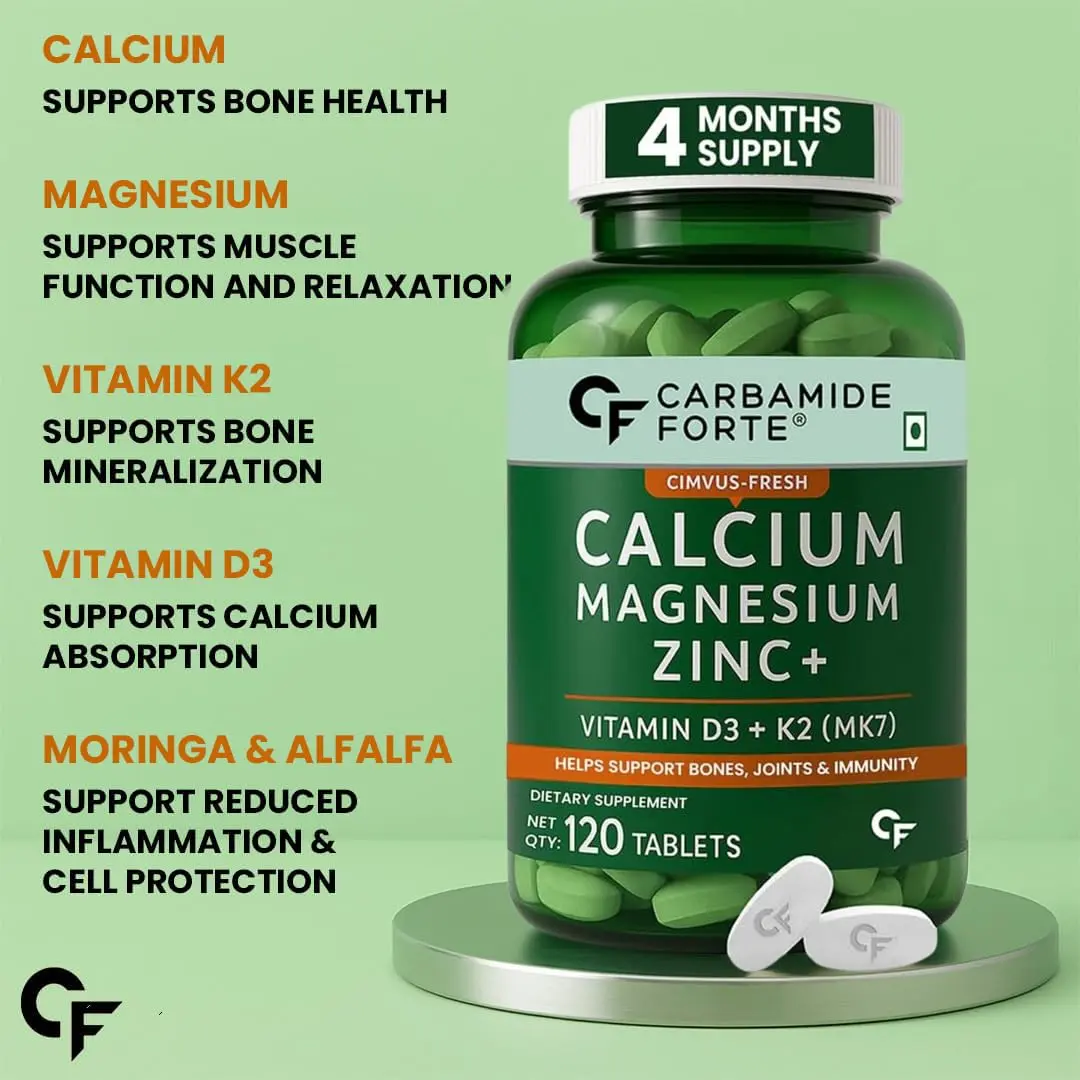Carbamide Forte calcium citrate and vitamin D3 tablets support bone health and joint mobility, with added magnesium and zinc for enhanced absorption.