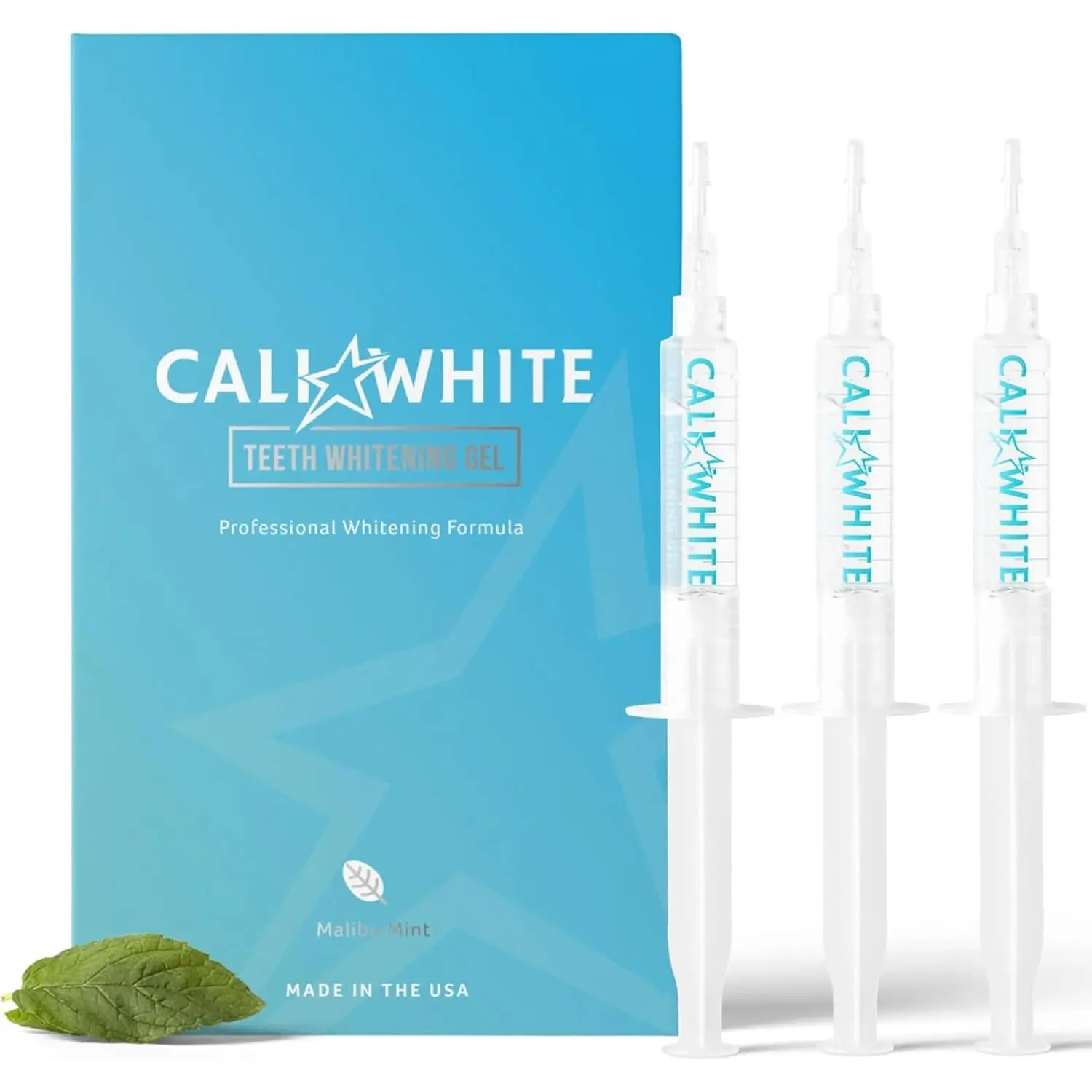 Three Cali White teeth whitening gel refill syringes with 35% carbamide peroxide to use with a whitening tray and LED light for sensitive teeth.