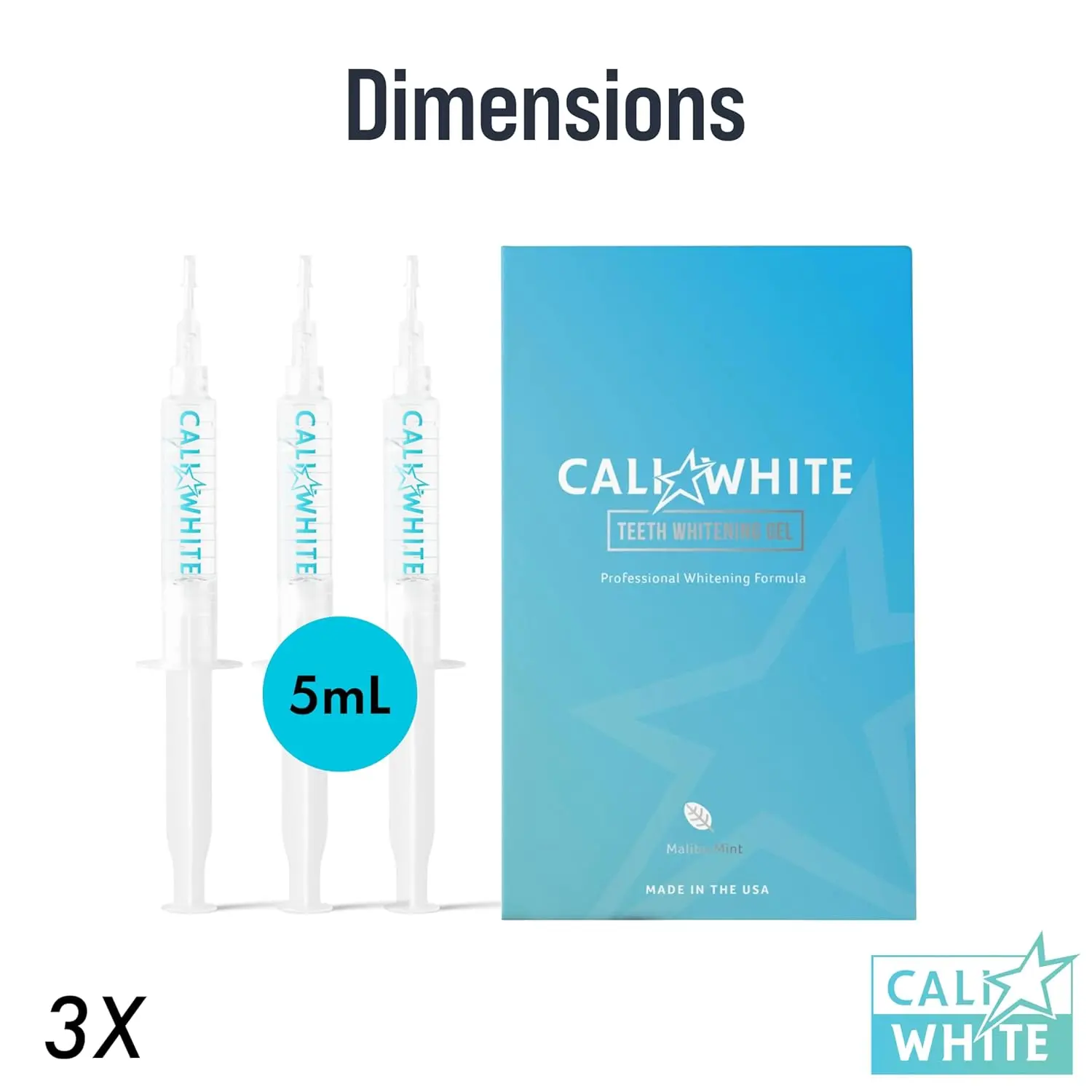 Three Cali White teeth whitening gel refill syringes with 35% carbamide peroxide to use with a whitening tray and LED light for sensitive teeth.