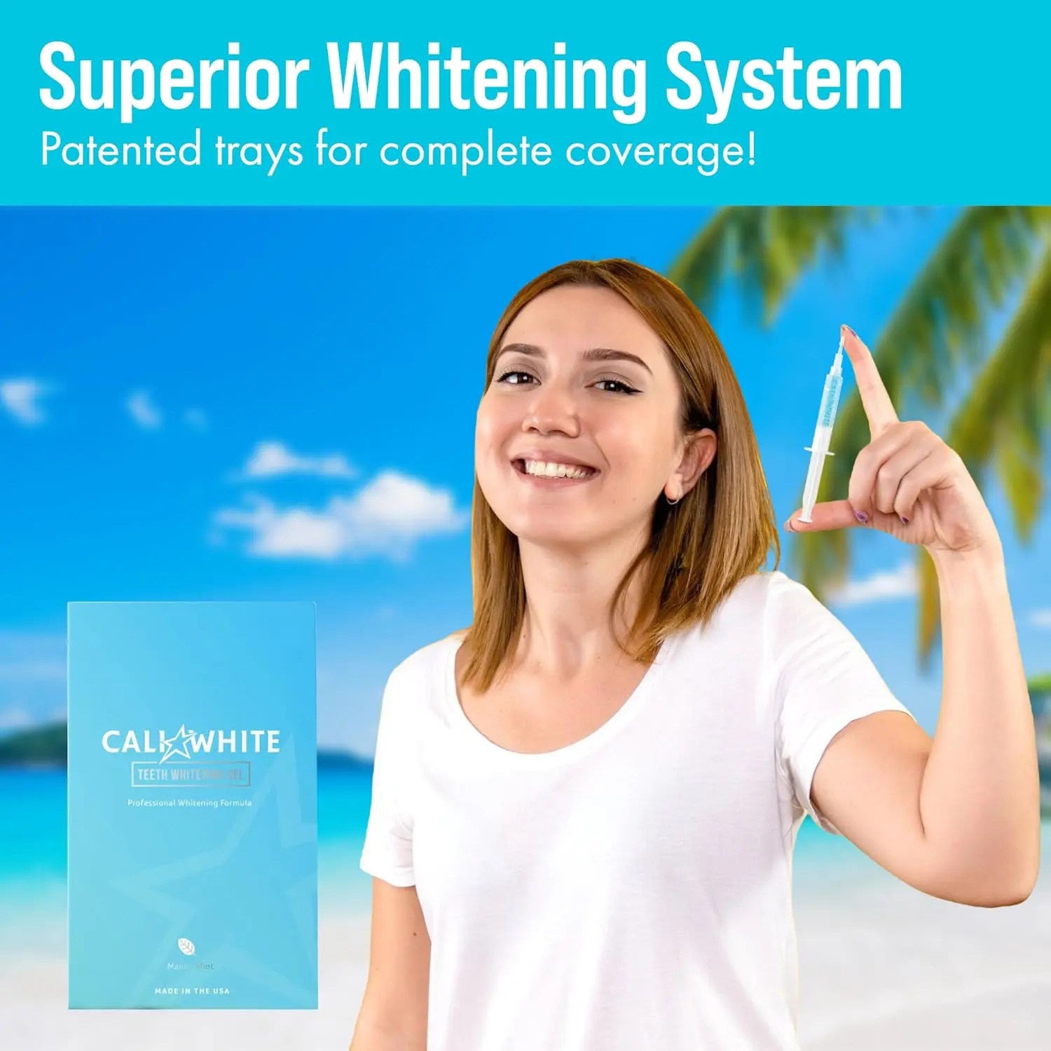 Three Cali White teeth whitening gel refill syringes with 35% carbamide peroxide to use with a whitening tray and LED light for sensitive teeth.