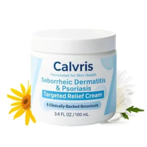 Calvris scalp relief balm with natural ingredients provides soothing relief for dry, itchy scalps and skin, suitable for all skin types.