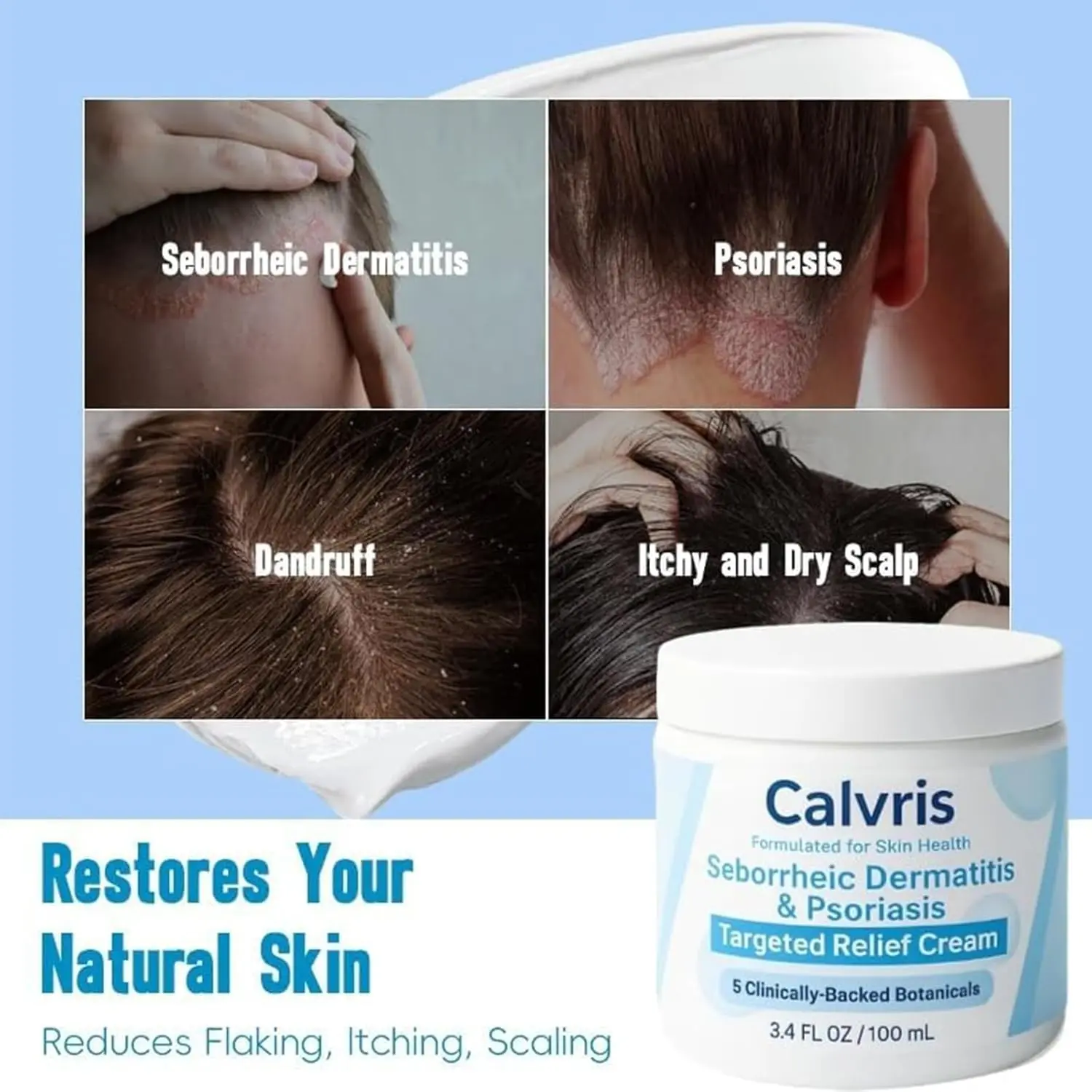 Calvris scalp relief balm with natural ingredients provides soothing relief for dry, itchy scalps and skin, suitable for all skin types.