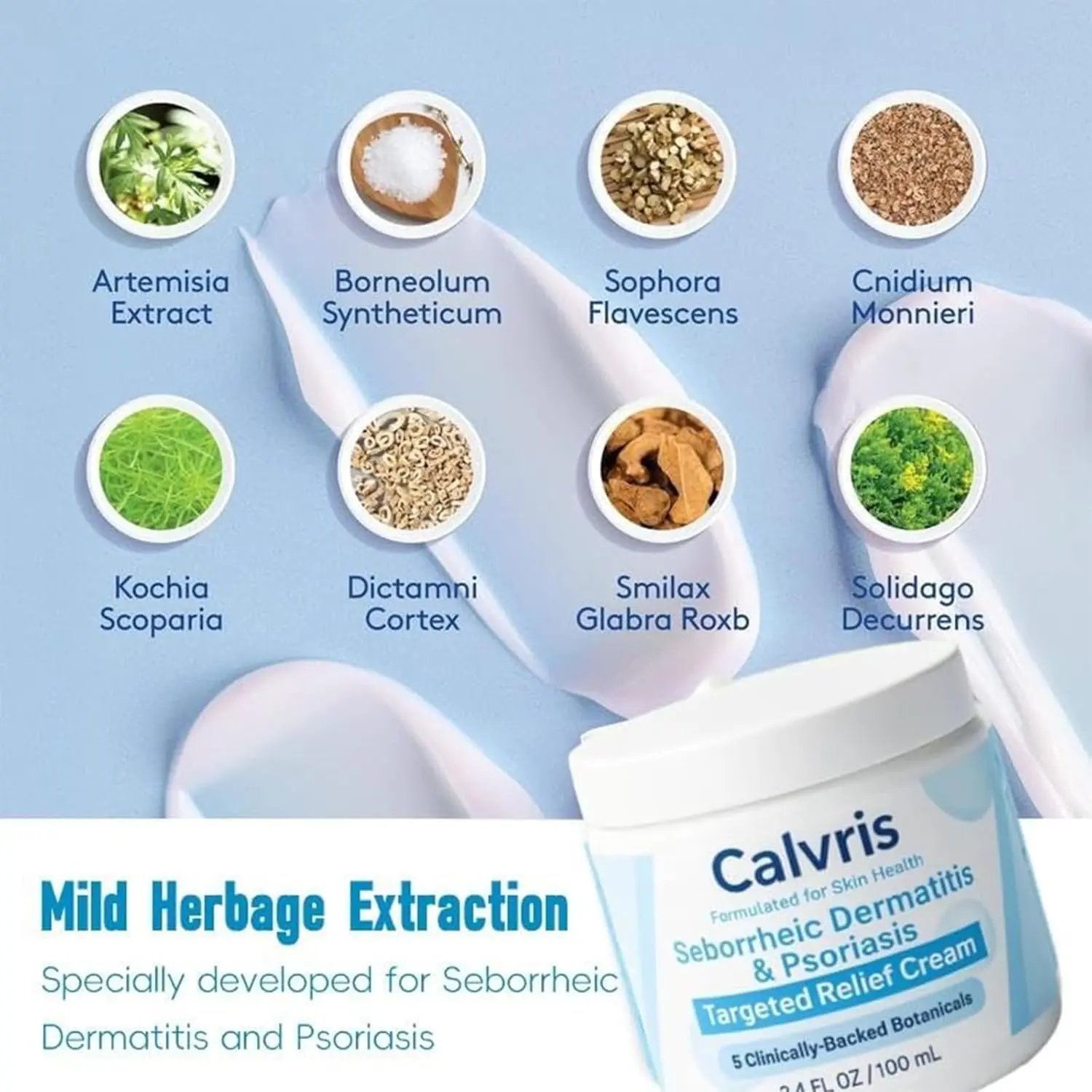 Calvris scalp relief balm with natural ingredients provides soothing relief for dry, itchy scalps and skin, suitable for all skin types.