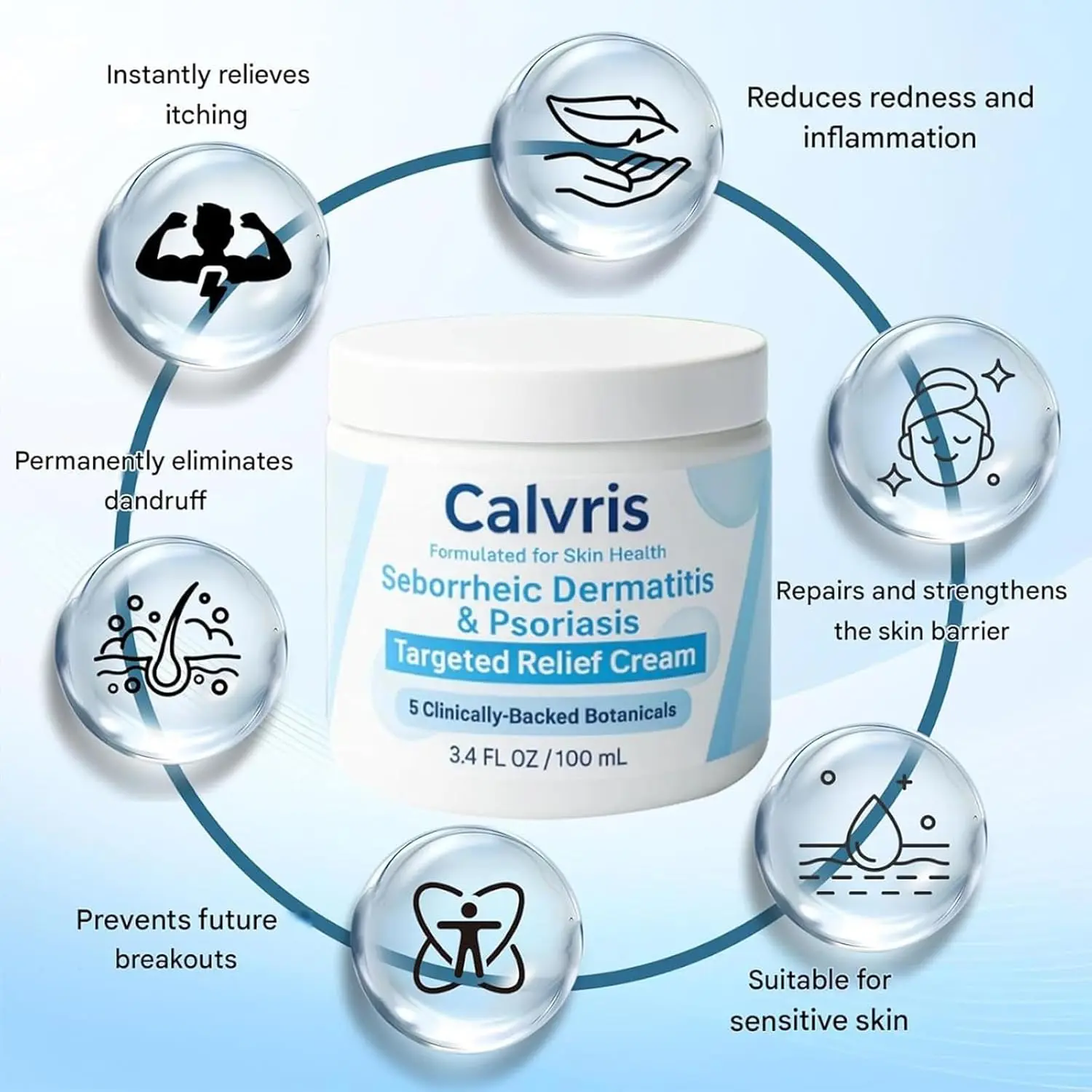 Calvris scalp relief balm with natural ingredients provides soothing relief for dry, itchy scalps and skin, suitable for all skin types.