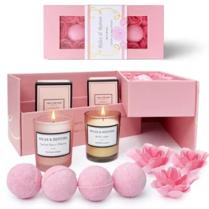 This gift set features scented soy candles and rose aroma bath bombs for women's relaxation, perfect as birthday gifts or for a home spa experience.