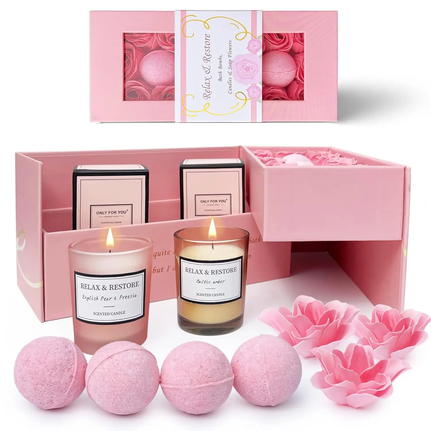 This gift set features scented soy candles and rose aroma bath bombs for women's relaxation, perfect as birthday gifts or for a home spa experience.