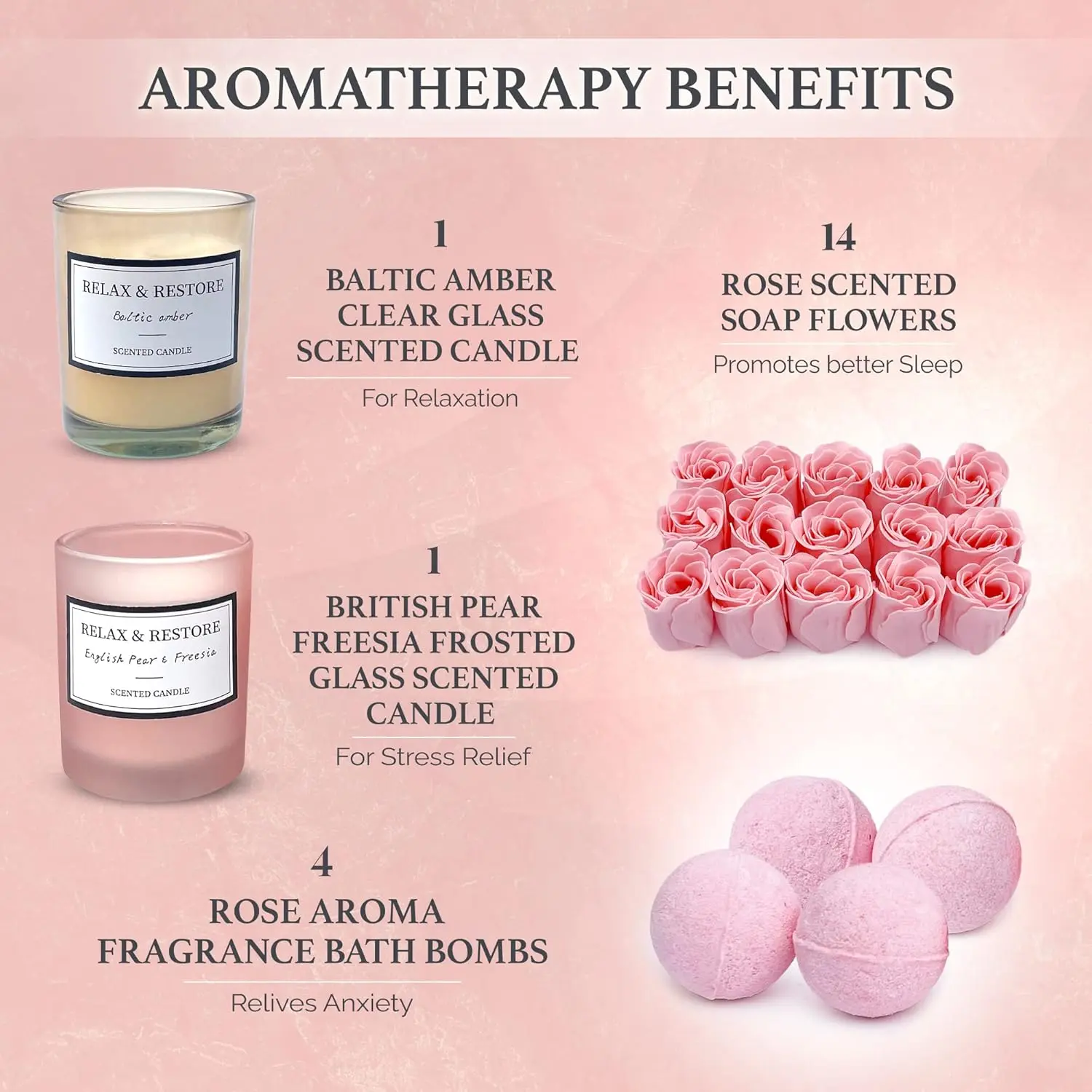 This gift set features scented soy candles and rose aroma bath bombs for women's relaxation, perfect as birthday gifts or for a home spa experience.