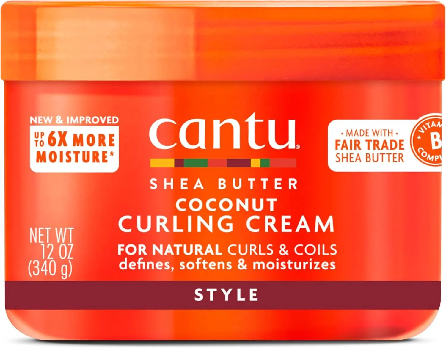 A 12oz jar of Cantu Coconut Curling Cream formulated for natural hair, offering hygienic packaging and a host of goodness.