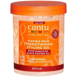 Cantu Shea Butter maximum hold styling gel enriched with Jamaican Black Castor Oil and shea butter for strong, flake-free hair.