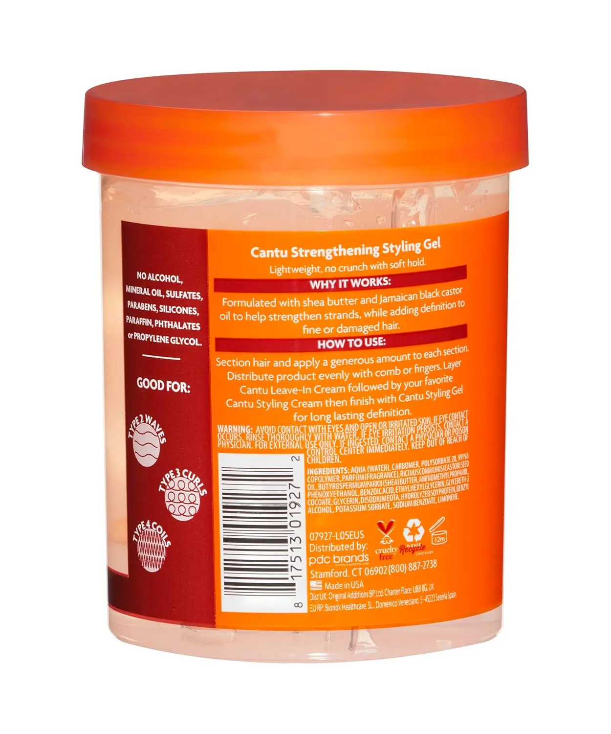 Cantu Shea Butter maximum hold styling gel enriched with Jamaican Black Castor Oil and shea butter for strong, flake-free hair.