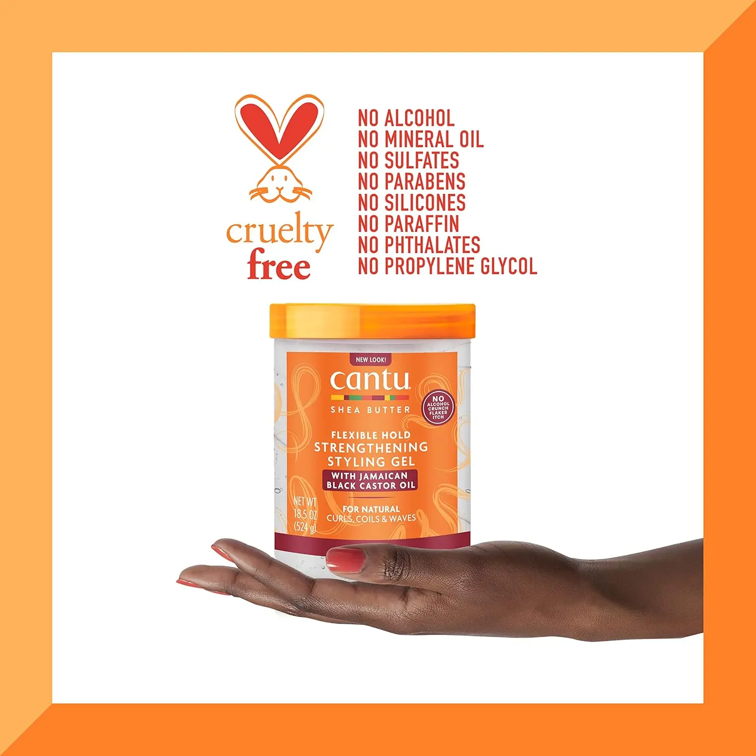 Cantu Shea Butter maximum hold styling gel enriched with Jamaican Black Castor Oil and shea butter for strong, flake-free hair.